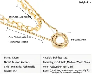 Detailed technical drawing of a double-layered stainless steel necklace with size specs