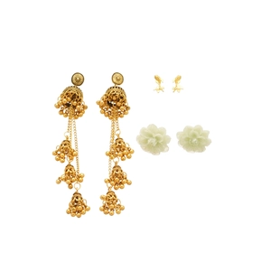 Set of three vintage earrings featuring gold tassel drops and pale green floral studs