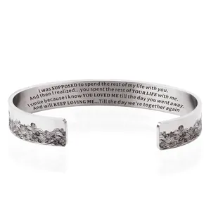Inspirational Cuff Bracelet 304 Stainless Steel Engraved Motivational Quotes Wave Pattern Open Adjustable Jewelry Gift Unisex