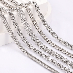 Polished stainless steel jewelry chains in various styles like cable and rope chain
