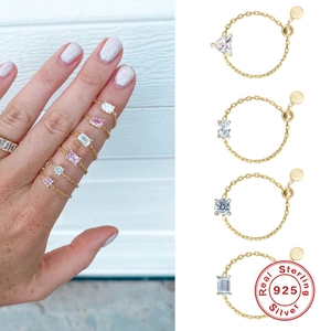 Adjustable S925 sterling silver chain rings with heart, oval, round, and emerald zircon