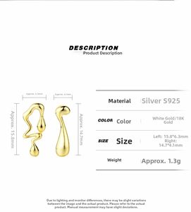 Detailed size specifications for asymmetric S925 sterling silver water drop earrings