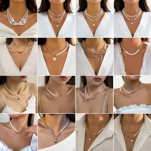 Vintage Imitation Artificial Pearl Stitched Necklace For Women Asymmetric Alloy Chain Layering Choker With Toggle Clasp Heart Pendant