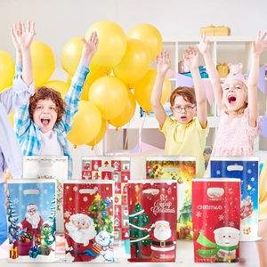 Close-up of assorted Christmas theme candy bags with handle and festive Santa patterns