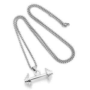 Hip hop dumbbell pendant necklace for men made of polished silver stainless steel
