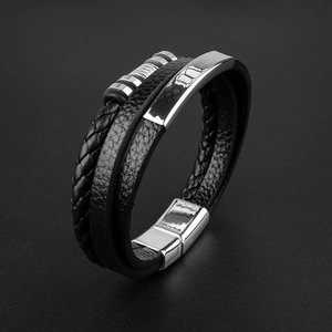 Men's multi-layer black PU leather bracelet with silver metal magnetic buckle clasp
