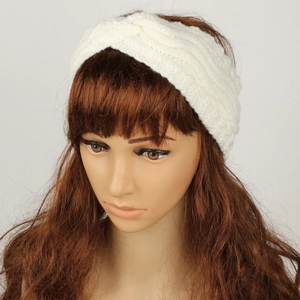 Detail of white cable knit headband with twisted knot design on mannequin head