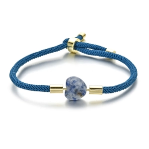 Adjustable blue braided rope bracelet with heart-shaped stone and gold accents