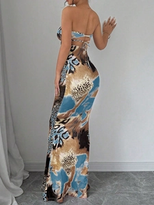 Robe longue dos nu à licou pour l'été avec imprimé léopard et géométrique bleu et marron