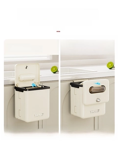 Kitchen hanging trash bin showing dual-mode opening: slide-down cover and flip-up lid