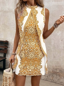 Women Sleeveless High Neck Dress Bohemian Mandala Floral Print Polyester Spandex Slim Fit Casual Summer Beach A-Line