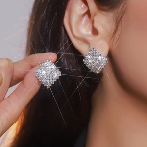 Rhombus Square Stud Earrings With Rhinestone Copper Base And Steel Earring Post Geometric Sparkling For Women