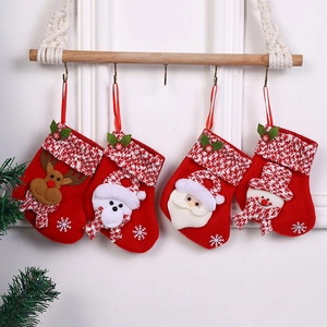 Set of 4 red felt Christmas stockings with festive reindeer, bear, and Santa appliques