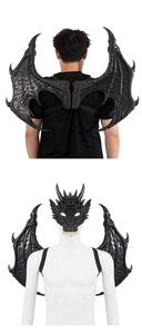 Detailed black dragon wings and mask set for cosplay with realistic scales and bone texture