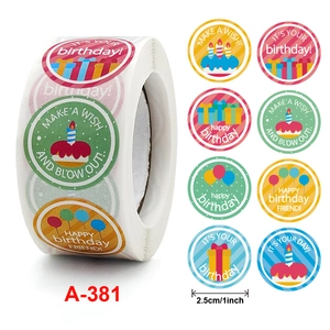 Detail view of 1 inch birthday label stickers roll with 8 festive colorful designs