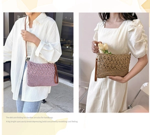 Detail of hand-woven hollow straw clutch bags in purple and beige with leather wrist straps