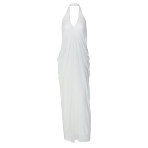 Detail of elegant white halter neck maxi dress with deep V-neck and ruched waist details