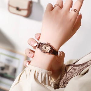 Retro tonneau women's watch with rose gold case, beige dial and brown leather strap