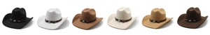 Detail view of colorful felt cowboy hats featuring ethnic bands with turquoise beads
