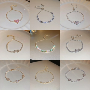 Women Zircon Tennis Bracelet Gold Plated Alloy Heart Butterfly Charm Adjustable Elegant Luxury Hand Jewelry