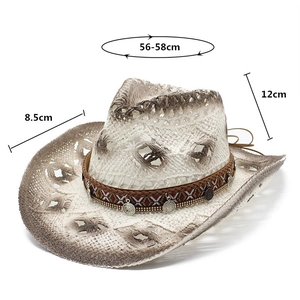 Detail of straw cowboy hat showing 56-58cm head circumference and 8.5cm brim dimensions