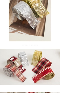 Detailed close-up of festive Christmas ribbons with elk prints and checkered patterns