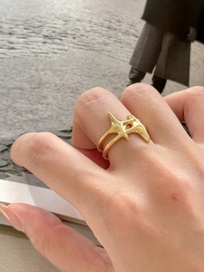 Detail of a minimalist gold star-shaped organic design ring worn on a finger