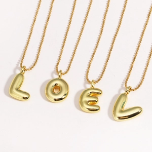 Initial Alphabet A-Z Bubble Letter Pendant Necklace Gold Plated Brass Chic Minimalist Jewelry For Women