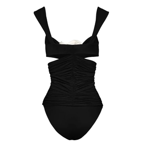 Detail of black one-piece swimsuit featuring ruched back and sexy cutout design