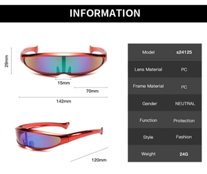 Detailed size chart of futuristic Y2K cycling sunglasses with red metallic frames