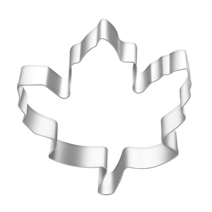 Silver maple leaf shaped stainless steel cookie cutter tool on white background