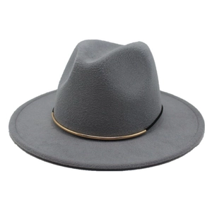 Detail of grey wool fedora hat featuring a black cord and gold metallic ring decoration