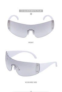 Front and 45-degree side view of C5 silver white film wrap-around Y2K star sunglasses