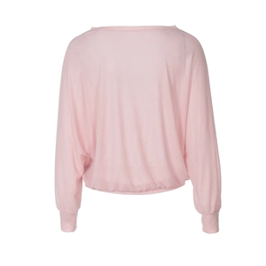 Back view of pink sheer long-sleeve knit top featuring an elasticated hem and boat neck