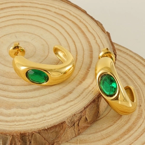 Gold plated stainless steel C-shaped hoop earrings with green oval gemstone inlay