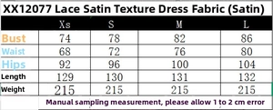 Tableau des tailles pour robe en satin dentelle avec mesures du buste et de la taille