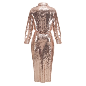 Close-up back view of rose gold sequined dress with long sleeves and tailored waist