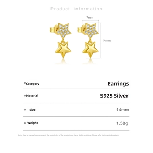 Detailed spec view of S925 sterling silver star drop earrings with 14mm height dimension