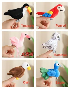Detailed set of six plush bird finger puppets including parrot, owl, and peacock