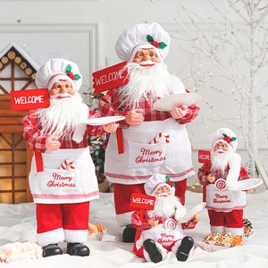 Chef Santa Claus Figurine Christmas Decoration Fabric Plastic Red White Plaid Apron Welcome Sign For Tabletop Holiday