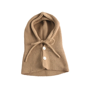Khaki knitted balaclava hood scarf for women with white buttons and drawstring details