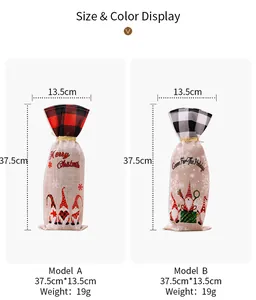 Size chart showing 37.5x13.5cm Christmas gnome wine bags with red and black plaid drawstring