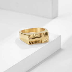 Men's gold square stainless steel ring with embossed cross and radiant sunburst texture