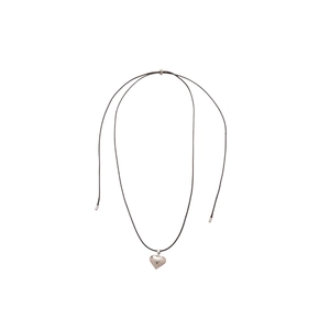 Minimalist silver heart pendant necklace with adjustable black wax cord on white background