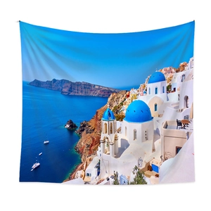 Santorini landscape tapestry with blue dome churches for Mediterranean wall decor