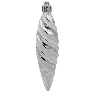 Detailed view of silver spiral drop ornament with metallic and glitter textures