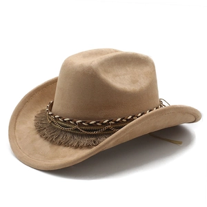 Suede western cowboy hat in camel brown with woven chain and tassel hatband