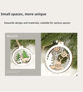 Detail of laser-cut wooden reindeer ornament with glitter and hemp rope hanging on a branch