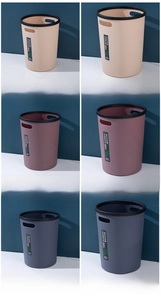 Set of large and small plastic garbage bins with handles in apricot, coffee, and grey colors