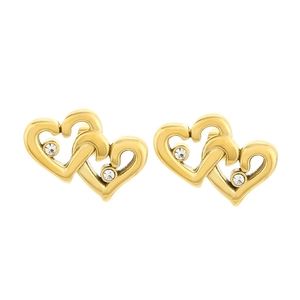 Elegant 18K gold plated heart stud earrings with interlocking design and white zircons